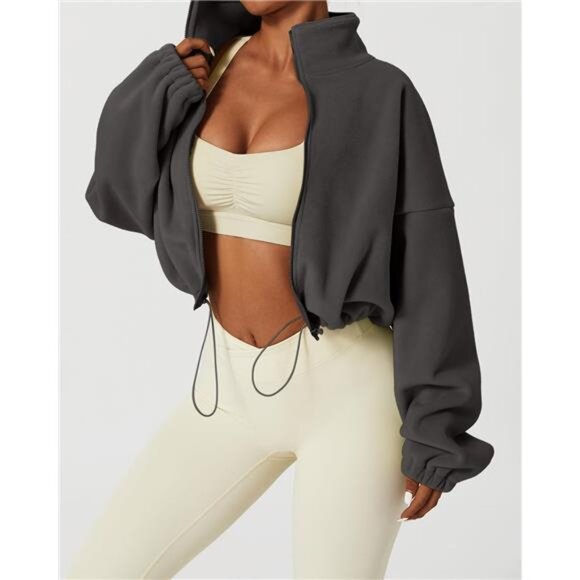 Women's Full Zip Fleece Short Jacket Warm Winter Long Sleeve Stand